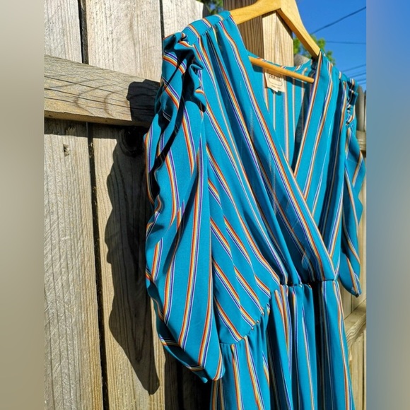 VTG 70s Blue Dress w/Rainbow Stripes - Picture 2 of 5